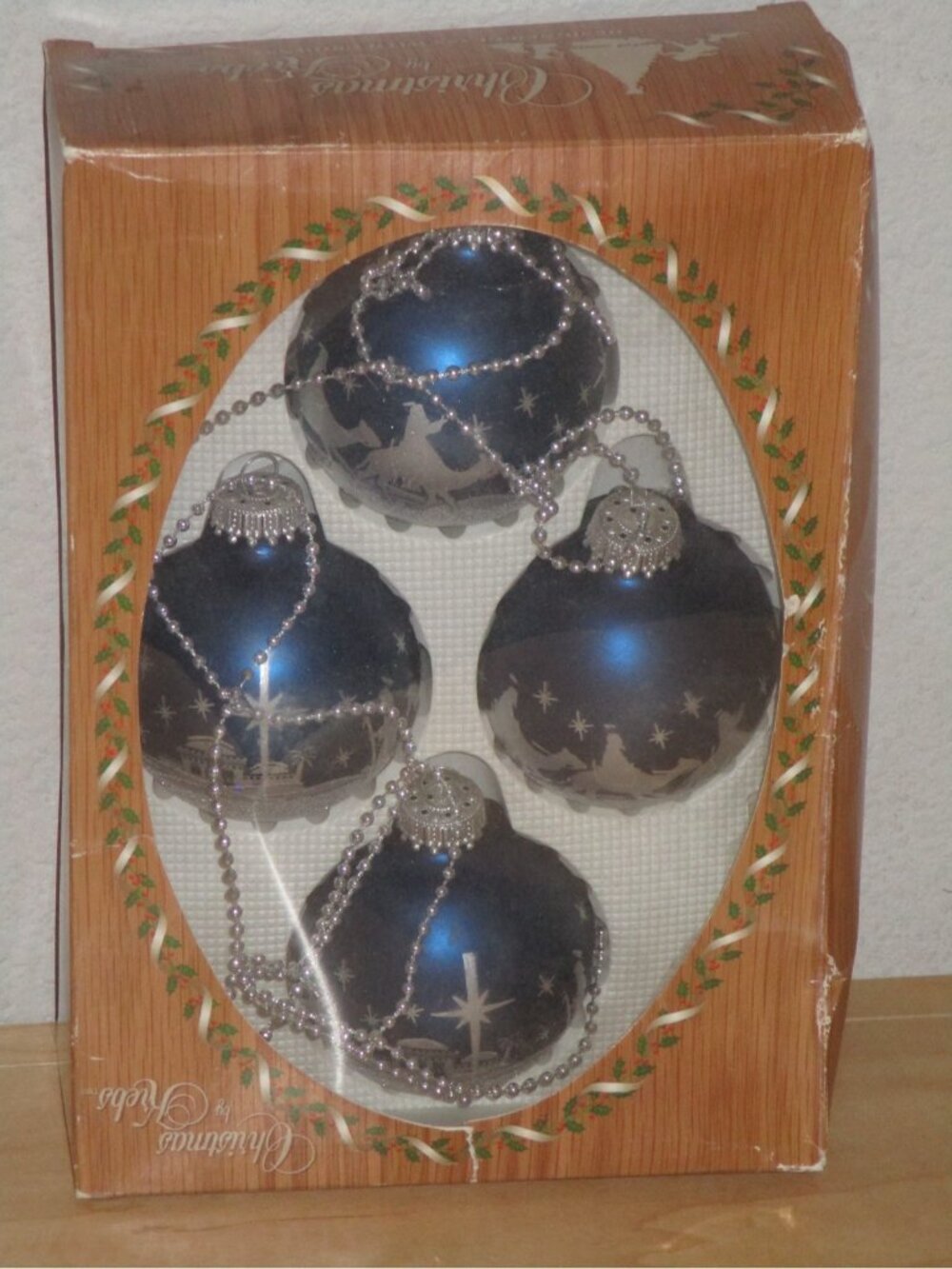 Christmas Ornaments By Krebs Blue and Silver Designer With Crowns Lot of 4 New